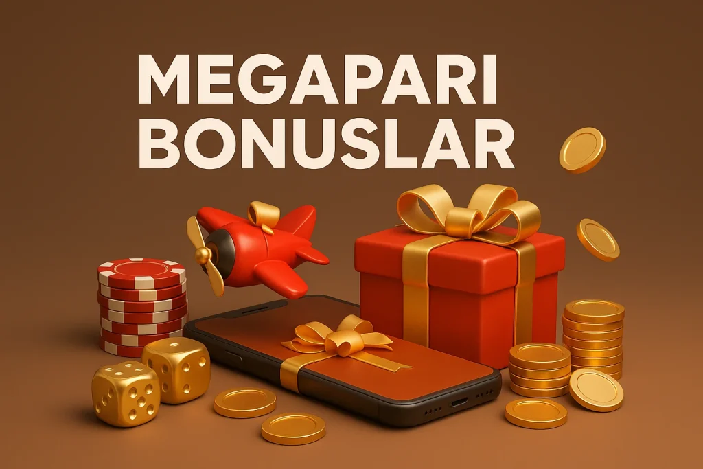 Megapari bonusları, hediye kutusu ve altın madeni paralarla 3D gerçekçi görsel