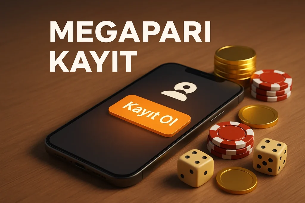 Megapari Kayıt – Hızlı ve Güvenli Üyelik Megapari kayıt ol ekranı, telefon ve altın fişlerle 3D görsel