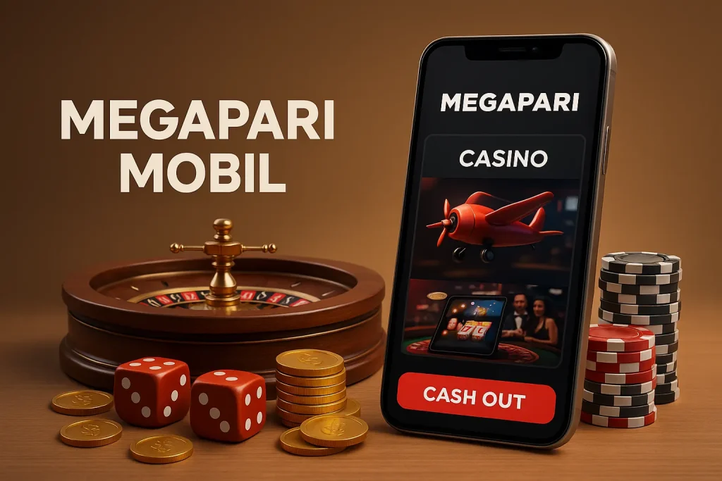 Megapari Mobil casino uygulaması, telefon ve rulet masasıyla 3D görsel